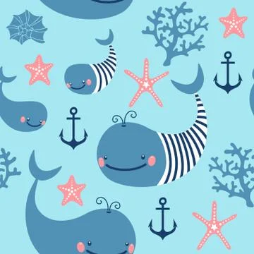 Seamless pattern with cute whales. Illustrazione stock