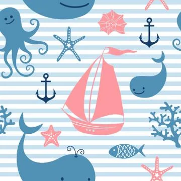 Seamless pattern with cute whales, sailing. Stock Illustration