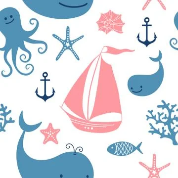 Seamless pattern with cute whales, sailing. イラスト素材