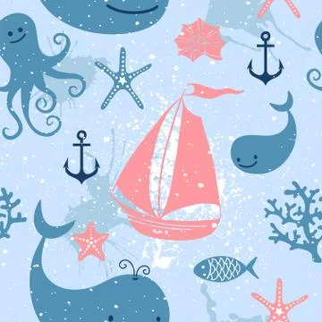 Seamless pattern with cute whales, sailing. Stock Illustration