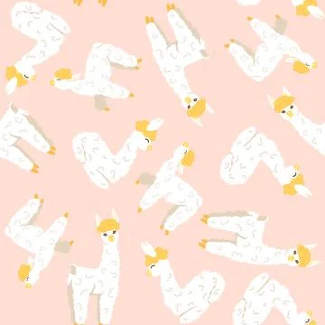 Seamless pattern with cute white baby llamas on pink background Stock Illustration
