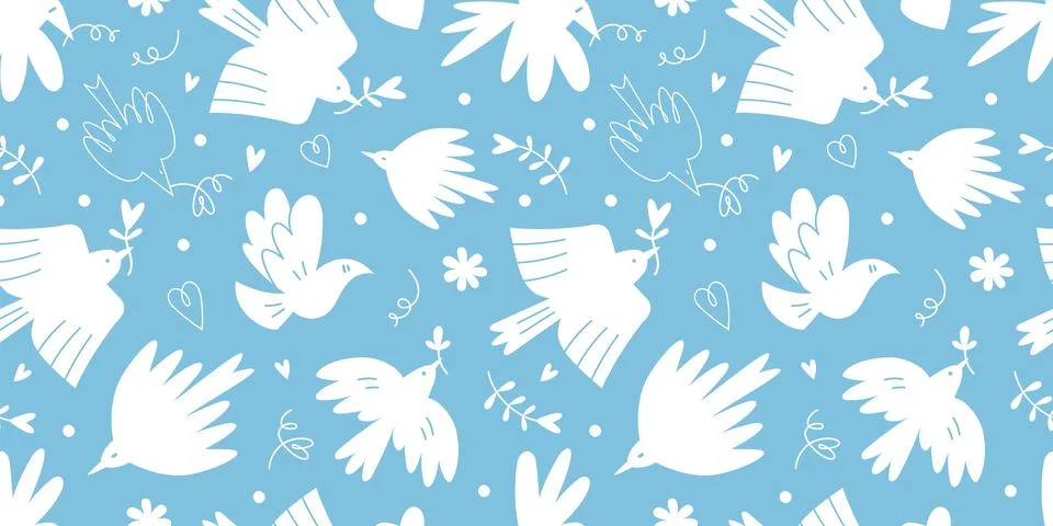 Seamless pattern with cute white birds and hearts on a blue background, car.. Stock Illustration