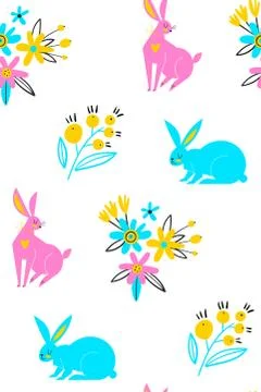 Seamless pattern of cute white bunnies on white background with floral elements Illustrazione stock
