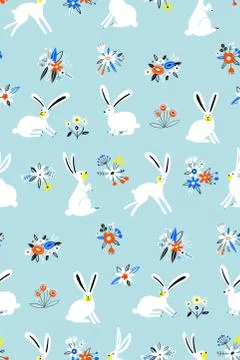 Seamless pattern with cute white bunnies in the forest on blue background. Cute Stock Illustration