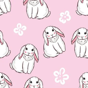 Seamless pattern with cute white bunnies on a light pink background with flowers Stock Illustration