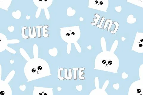 Seamless pattern with cute white bunnies on a light blue background with text Illustrazione stock