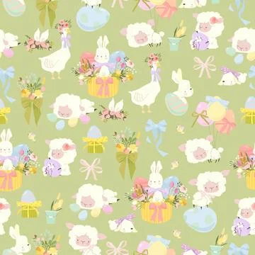 Seamless Pattern with Cute White Bunnies, Gooses, Sheeps and Easter Eggs Stock Illustration