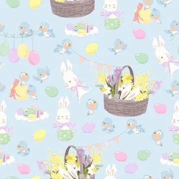 Seamless Pattern with Cute White Bunnies, Flowers and Easter Eggs 스톡 일러스트