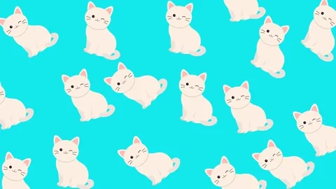 Seamless Pattern of Cute White Cartoon Cats Winking on Bright Teal Background Stock Footage 345540027