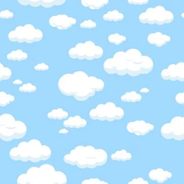 Seamless pattern with cute white clouds in the blue sky. Vector illustration Stockillustratie