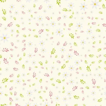 Seamless pattern with cute white daisies and colorful leaves Stock Illustration