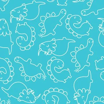 Seamless pattern with cute white dinosaurs in outline style on blue background Stock Illustration