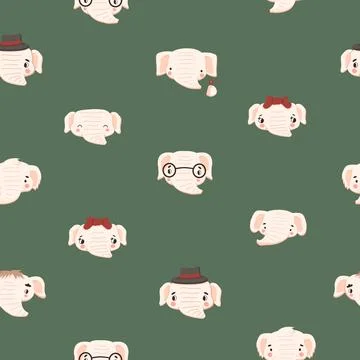 Seamless pattern of cute white elephants on a green background. Vector Illustrazione stock