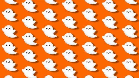 Seamless pattern of cute white ghost characters on vibrant orange backgroun.. Illustrazione stock