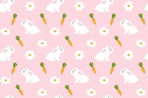 Seamless pattern with cute white little rabbit, carrot and daisies. Design .. Stock Illustration