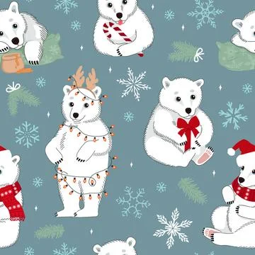 Seamless pattern with cute white polar bears and Christmas elements. Winter v Stock Illustration