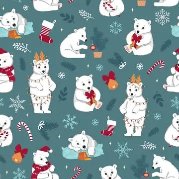 Seamless pattern with cute white polar bears and Christmas elements. Winter b Illustrazione stock