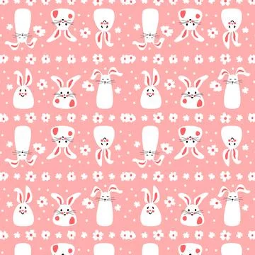 Seamless pattern with cute white rabbits with flowers. Easter bunnies for Stock Illustration