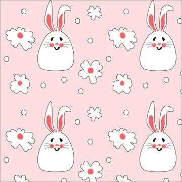 Seamless pattern with cute white rabbits with flowers. Easter bunnies for 스톡 일러스트