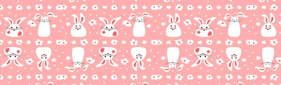 Seamless pattern with cute white rabbits with flowers. Easter bunnies for 스톡 일러스트