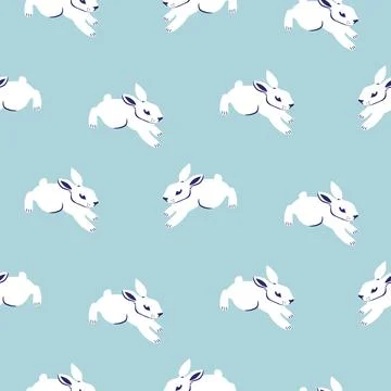 Seamless pattern with cute white rabbits. Hand drawn cartoon style hare sof.. イラスト素材