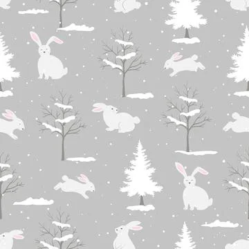 Seamless pattern with cute white rabbits,trees and snow on grey background .. Stock Illustration