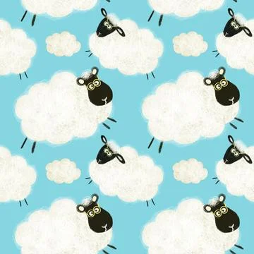 Seamless pattern with cute white sheep and clouds Stock Illustration