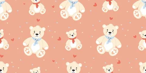 Seamless pattern with Cute white teddy bear toy. Vector illustration in flat Stock Illustration