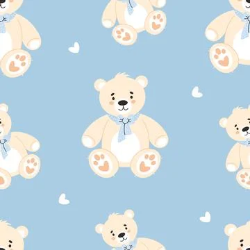 Seamless pattern with Cute white teddy bear toy on light blue background. V.. Stock Illustration