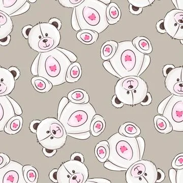 Seamless pattern with cute white teddy bears on beige background for kids design Stock Illustration