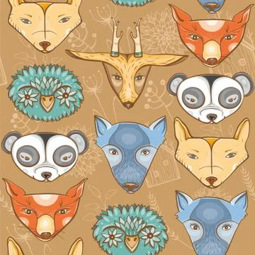 Seamless pattern with cute wild animals and plants Stock Illustration