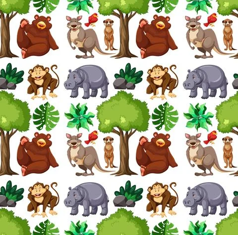 Seamless pattern with cute wild animals and nature elements Illustrazione stock