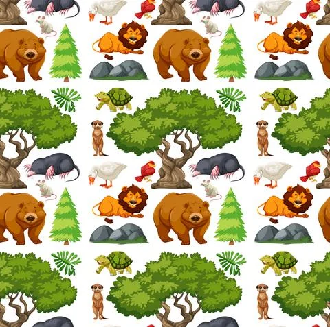 Seamless pattern with cute wild animals and nature elements Illustrazione stock