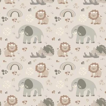 Seamless pattern with cute wild animals childish. Stock Illustration