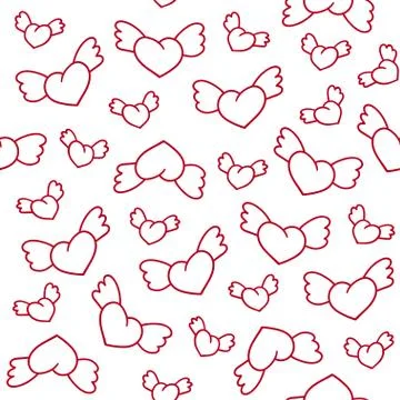 Seamless pattern with cute winged hearts. Valentine's Day background. Vector Stock Illustration