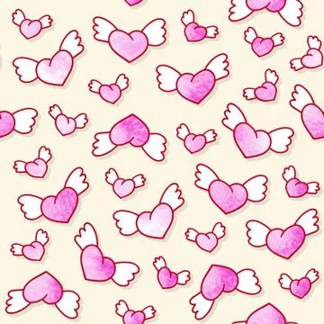 Seamless pattern with cute winged hearts. Valentine's Day background. Vector Stock Illustration