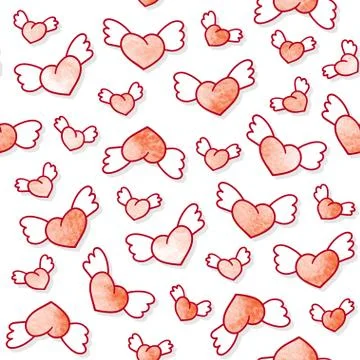 Seamless pattern with cute winged hearts. Valentine's Day background. Vector  Stock Illustration