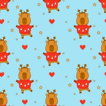 Seamless pattern. Cute winter capybara with Christmas sweater on blue backg.. Stock Illustration