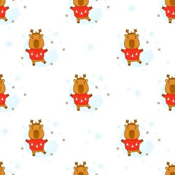 Seamless pattern. Cute winter capybara with Christmas sweater on white back.. Stock Illustration