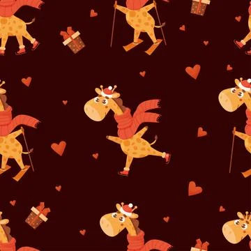 Seamless pattern with cute winter giraffes. Animal in scarf skiing, skating on Stock Illustration