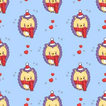 Seamless pattern with cute winter hedgehog character in scarf and hat on bl.. Stock Illustration