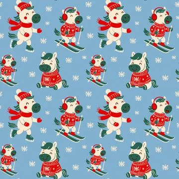 Seamless Pattern of Cute Winter Horses in Festive Outfits Stock-Illustration