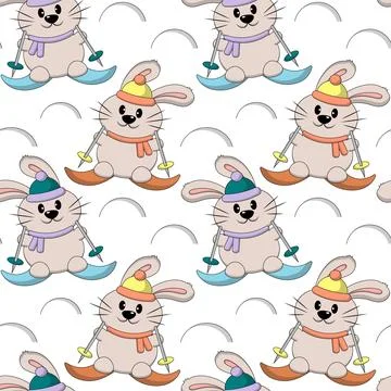 Seamless pattern with cute winter Rabbit with ski Stock Illustration