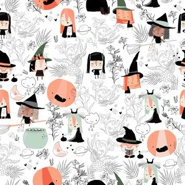 Seamless Pattern with Cute Witches in Flowers on White Background Stock Illustration