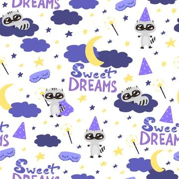 Seamless pattern with cute wizard raccoon and sweet dreams lettering, ornate  Stock Illustration