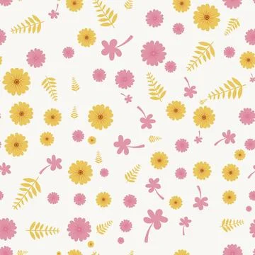 Seamless pattern with cute yellow and pink flowers and leaves isolated on w.. Stock Illustration