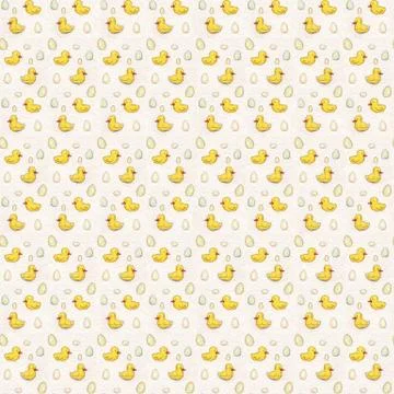 Seamless pattern with Cute yellow birds ducks and eggs on white background - Stock-Illustration