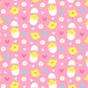 Seamless pattern with cute yellow chickens, egg, daisy flowers and hearts. Stock Illustration
