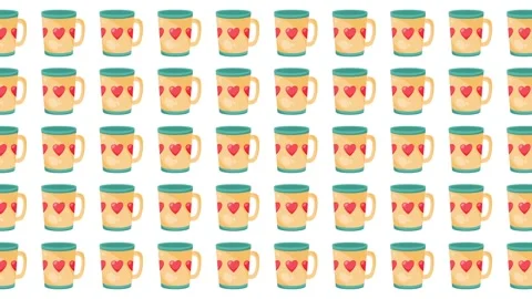 Seamless Pattern of Cute Yellow Coffee Mugs with Red Hearts for Valentine's Day Stock Footage 345539841