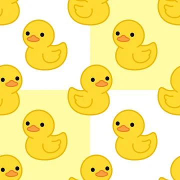 A seamless pattern with a cute yellow duck animal icon on a checkered backg.. Stock Illustration